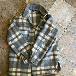 WOOL BLEND PLAID SHACKET NEW M Warm Tan Gray Cream